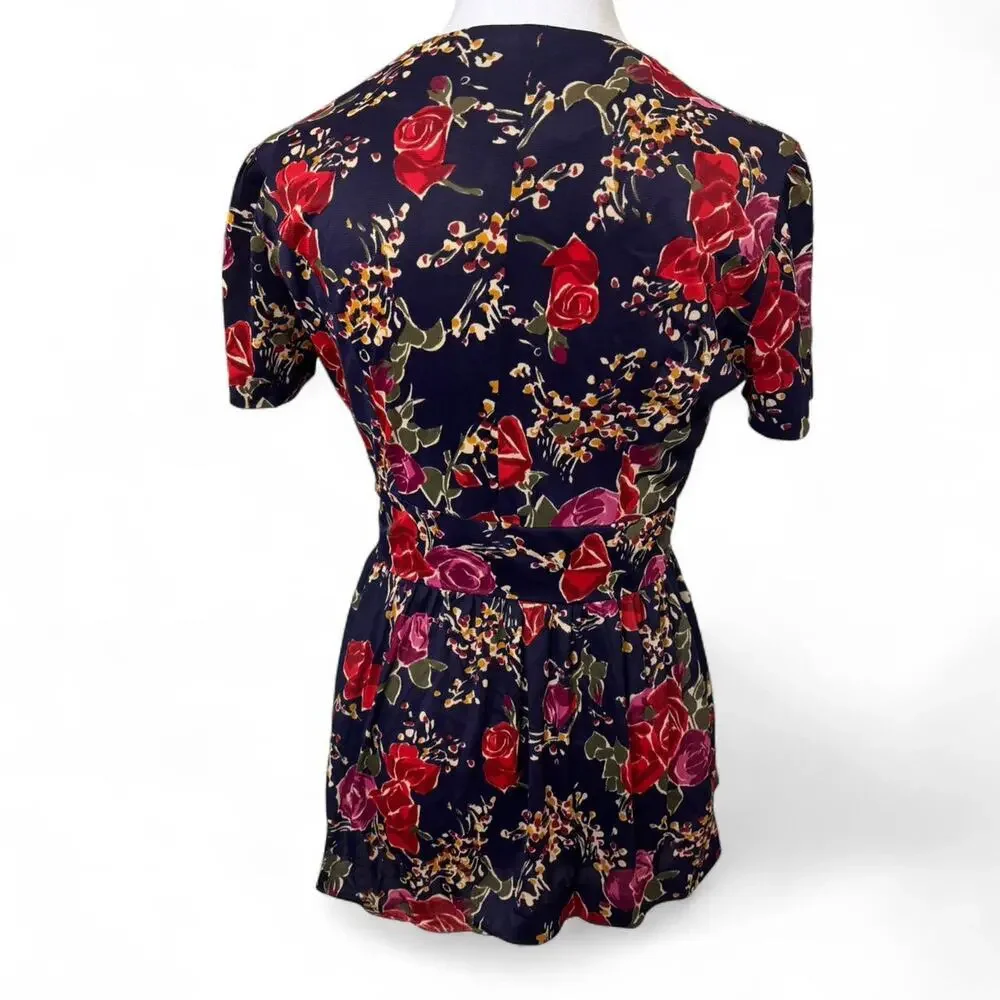 90'S VINTAGE GORGEOUS‎ FLORAL BUTTON UP BABY DOLL TIE BLOUSE MEDIUM.
